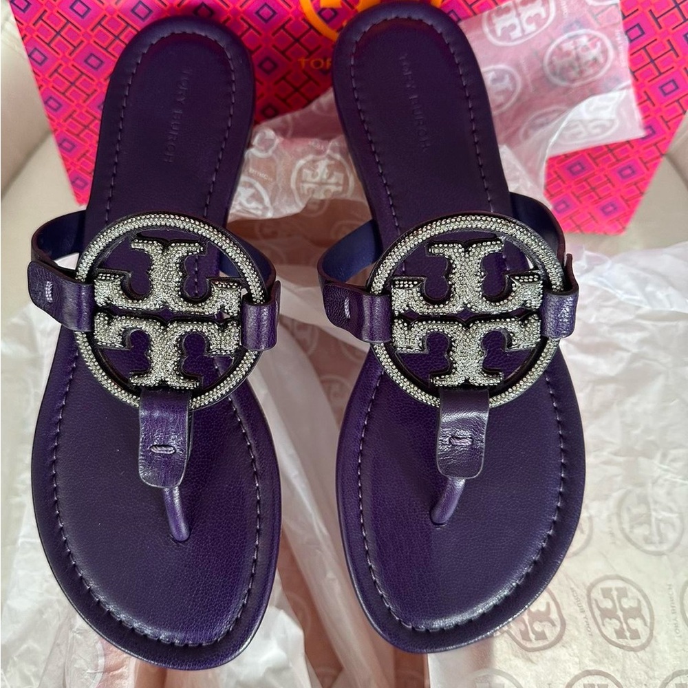 Tory Burch Women's Deep Purple Sandals Miller logo-plaque SIZE 7. New with Tags.
